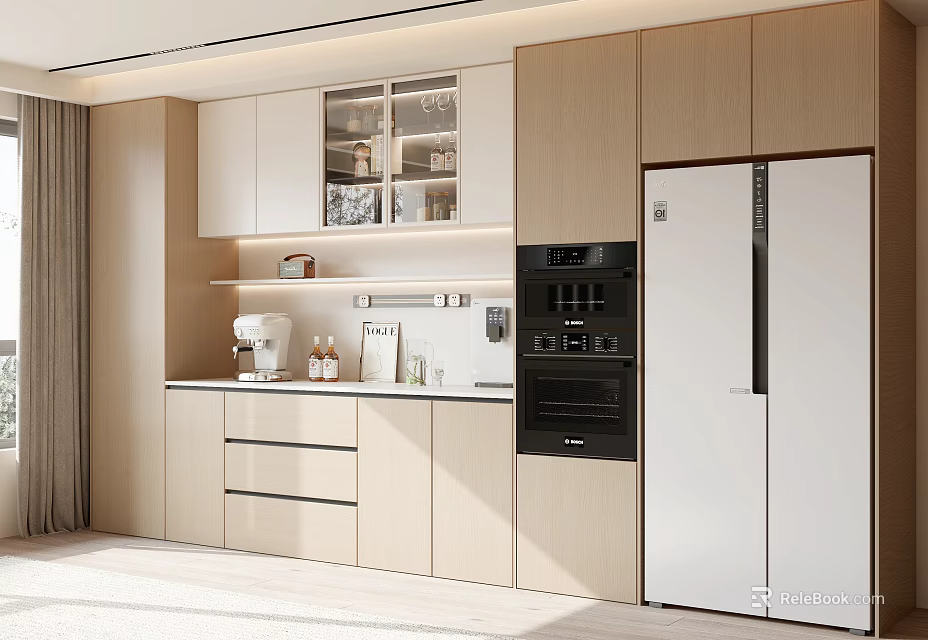 Modern Sideboard Cabinet in Kitchen Wooden White Design Storage Drawers Open Shelves Appliances 3d model 