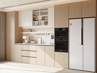Modern Sideboard Cabinet in Kitchen Wooden White Design Storage Drawers Open Shelves Appliances 3d model