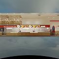 Red And White Themed Restaurant Interior With Tables Chairs Counter Hanging Lights And Menu Boards