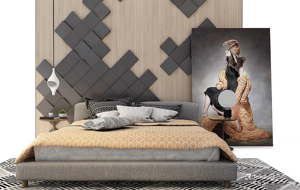 Stylish Bedroom Interior Featuring Background Double Bed With Geometric Wall Yellow Gray Sheets And Painting 3d model 