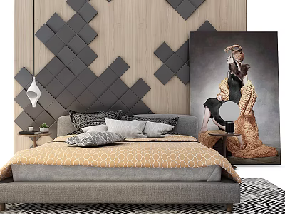 Stylish Bedroom Interior Featuring Background Double Bed With Geometric Wall Yellow Gray Sheets And Painting 3d model