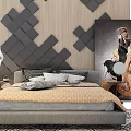 Nordic Background Double Bed Double Bedclothes Combination 3d model