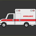 White Ambulance Vehicle With Red Blue Stripes Side Lettering And Roof Emergency Lights
