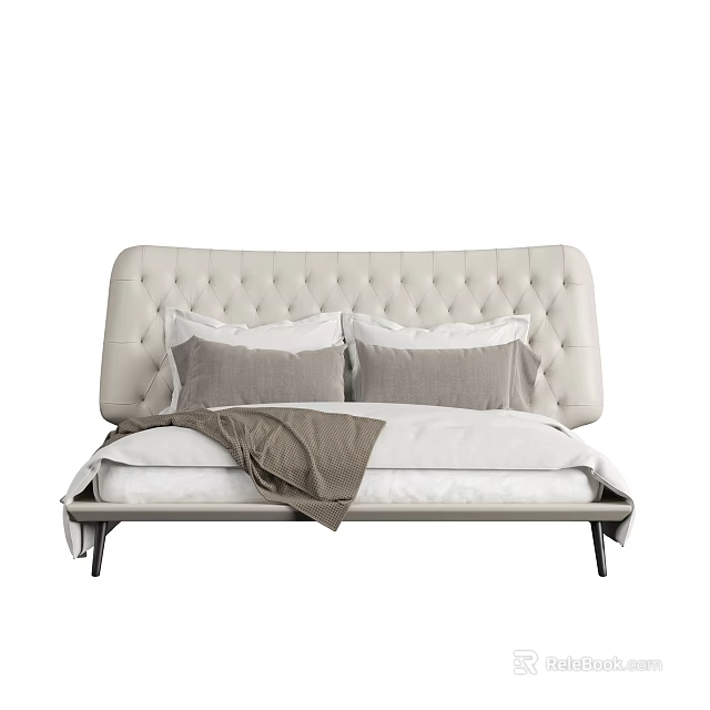 Modern Double Bed With Tufted Beige Headboard And Soft Pillows Blanket 3d model