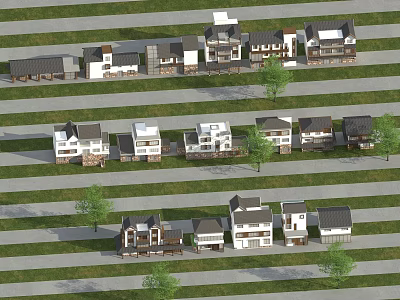 Various Style Residential Houses Neatly Arranged With Grass Roads And Trees 3d model
