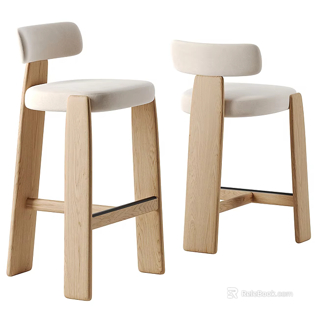 Modern Wooden Leg Bar Stools With Curved Upholstered Backrest And Seat 3d model 