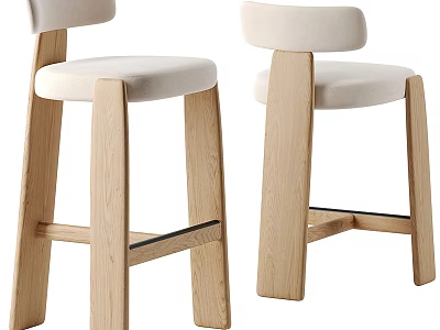 Modern Wooden Leg Bar Stools With Curved Upholstered Backrest And Seat 3d model