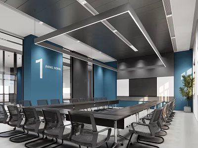 Modern Conference Room Interior With Blue Walls Long Table Black Chairs And Large Screen 3d model