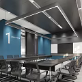 Modern Conference Room Interior With Blue Walls Long Table Black Chairs And Large Screen