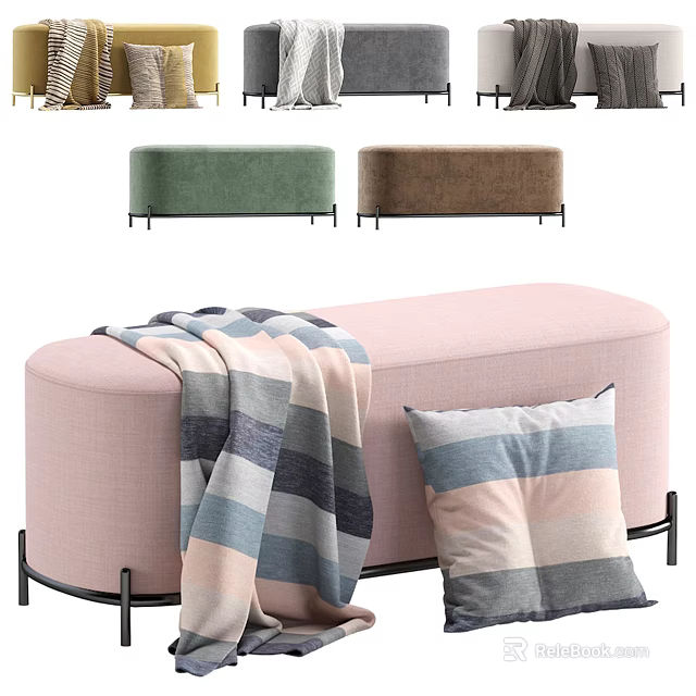 Modern Pink Sofa Bench With Striped Blanket And Striped Pillow In Multiple Colors 3d model 