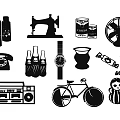 Vintage Wall Decor With Sewing Machine Bicycle Radio Phone And Mask Silhouette Art