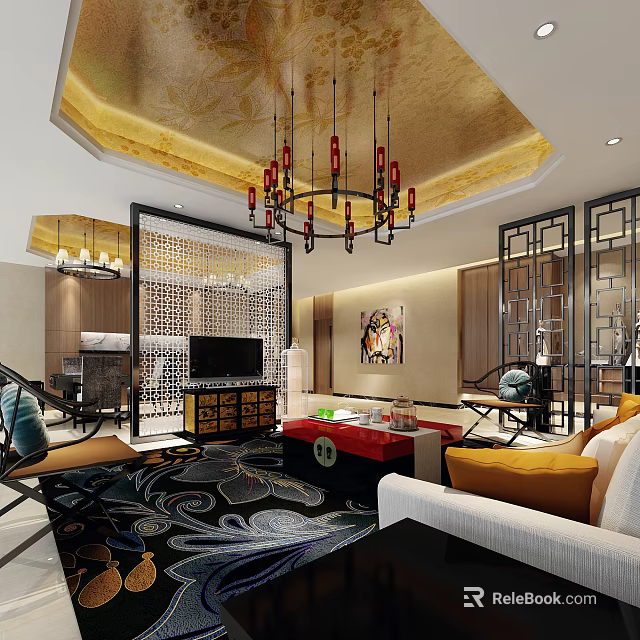 Chinese Modern Living Room With Lattice Screens Chandelier Rug Sofa And Decorative Painting 3d model 