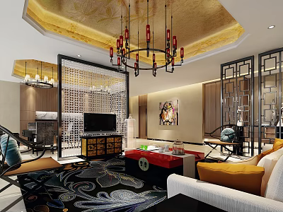 Chinese Modern Living Room With Lattice Screens Chandelier Rug Sofa And Decorative Painting 3d model