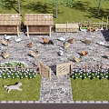 Rural Farmyard With Thatched Huts Chickens Dog Stone Path And Flower Beds