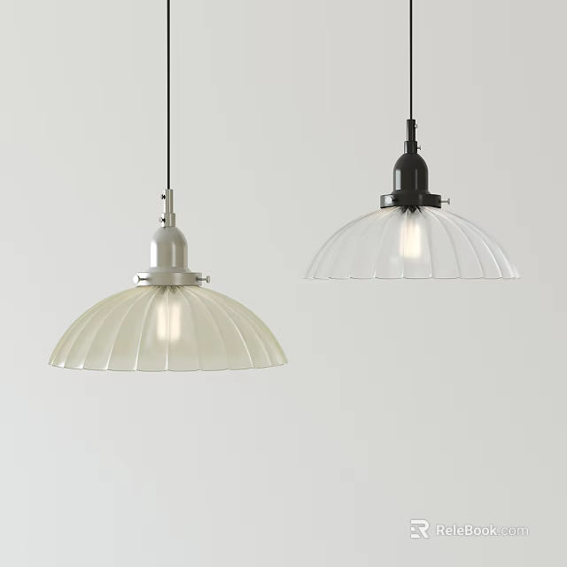 Modern Pendant Lights With White And Black Scalloped Translucent Shades Illuminated On Light Colored Wall 3d model 