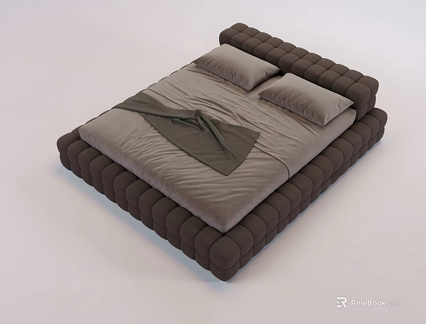 Double Bed With Upholstered Brown Headboard Gray Bedding Two Pillows And Dark Gray Throw 3d model 