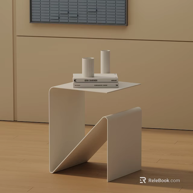 Minimalist White Side Table With Creative Geometric Frame Featuring Stacked Books And Decor Items 3d model 