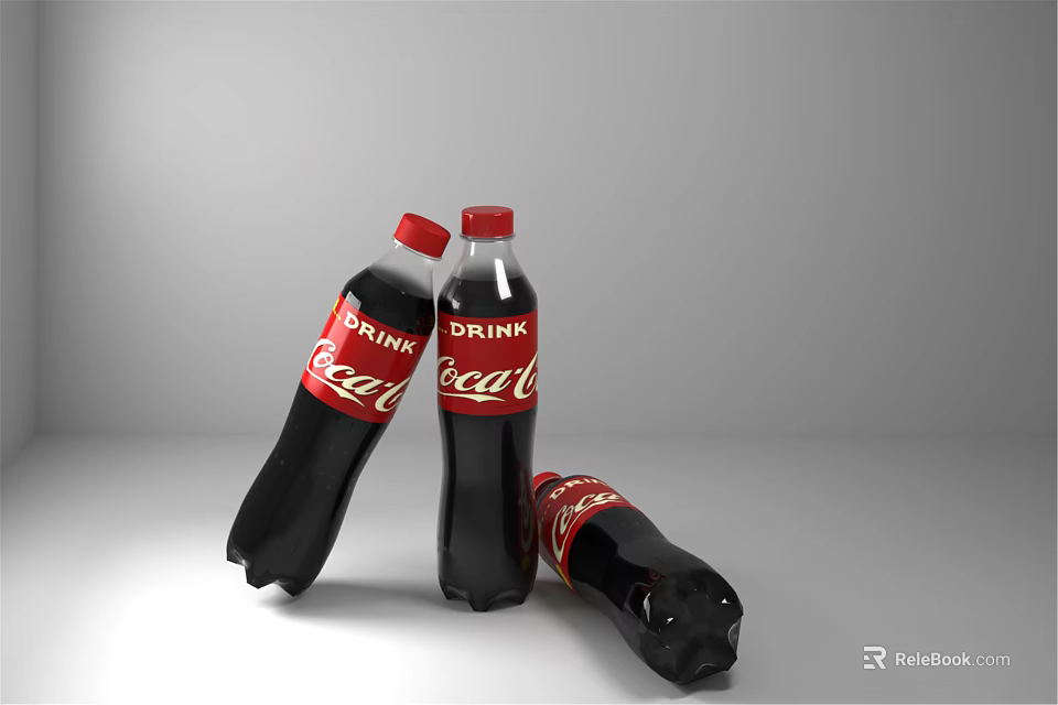 Coca Cola Soft Drink Bottles with Red Labels Arranged in Various Positions 3d model 