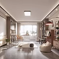 Modern Living Room Interior Design with Bookshelves Chairs Table and Natural Light