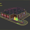 Brick Building Exterior Featuring Dark Tiled Roof Multiple Windows Small Trees Signboard And Paved Courtyard