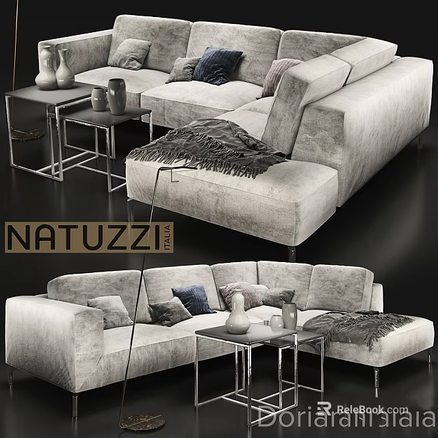 NATUZZI Gray Fabric Sofa Set With Pillows Side Tables And Throw Blanket 3d model