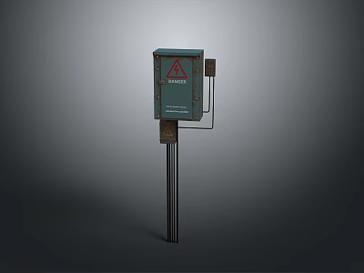 Green Computer Case With Red Warning Sign And Black Support Stand On Gray Background 3d model