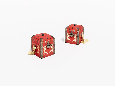 Two Vintage Red Treasure Chests with Gold Decorations and Metal Locks 3d model