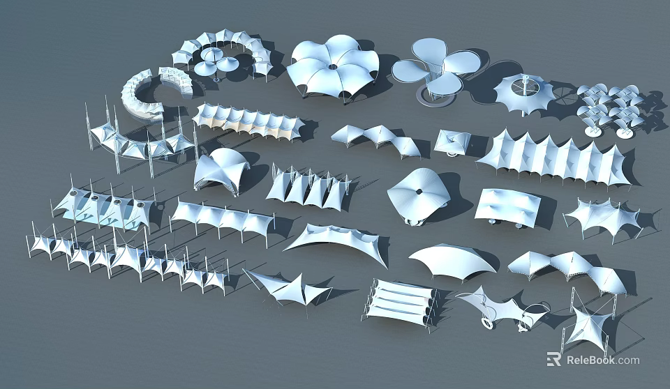 Various Tensile Membrane Structures with Flower Shaped Curved and Geometric Designs 3d model 