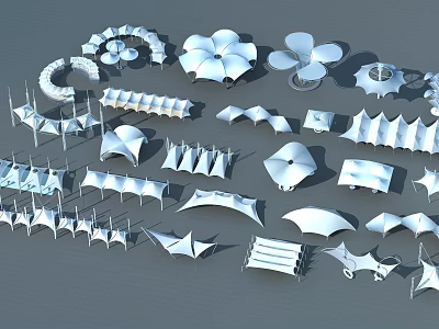 Various Tensile Membrane Structures with Flower Shaped Curved and Geometric Designs 3d model