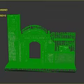 Scenic Model Display With Stone Archway Ornate Top Metal Fence Blue Structure White Information Board