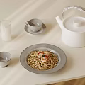 Elegant Table Setting With White Teapot Gray Cups Milk Glass And Shrimp Pasta