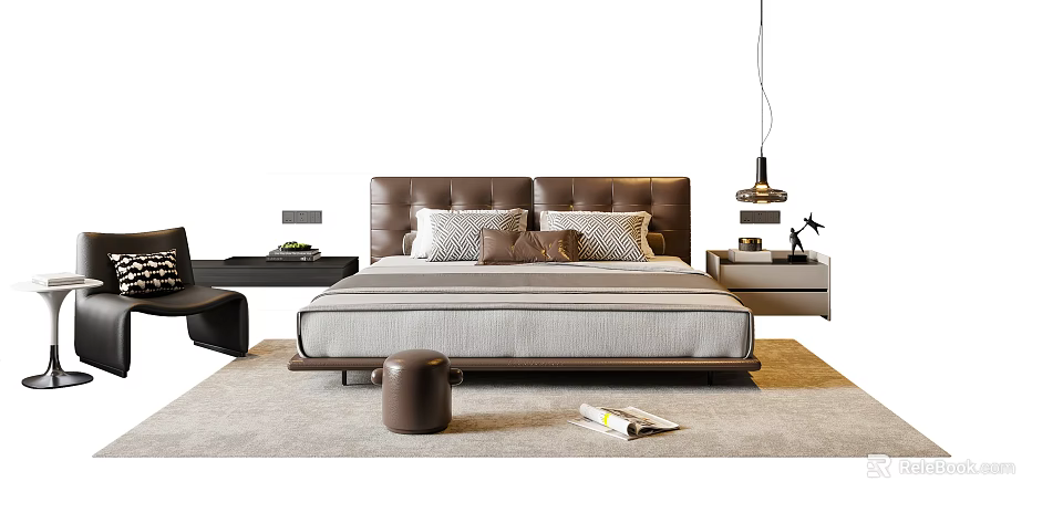 Modern Double Bed with Leather Headboard Soft Pillows and Bedside Tables 3d model 