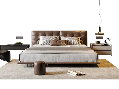 Modern Double Bed with Leather Headboard Soft Pillows and Bedside Tables 3d model