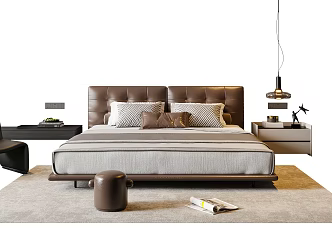Modern Italian Double Bed Leather Double Bedside Chair 3d model