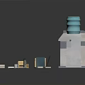 Office Workspace Components With Filing Cabinet Printer Water Dispenser And Cardboard Boxes