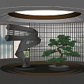 Elegant Interior Courtyard Garden With Circular Skylight Metal Sculpture And Bonsai Pine Tree