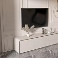 White Modern TV Stand with Dried Flower Vase Photo Frame and Books Against Minimalist Wall