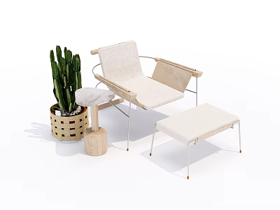 Modern Light Colored Fabric Lounge Chair with Metal Frame Ottoman and Cactus Plant 3d model