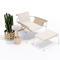 Modern Light Colored Fabric Lounge Chair with Metal Frame Ottoman and Cactus Plant