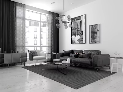 Modern Living Room Sofa And Coffee Table Set With Large Window Curtains Chandelier And Artwork 3d model