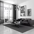 Modern Living Room Sofa And Coffee Table Set With Large Window Curtains Chandelier And Artwork