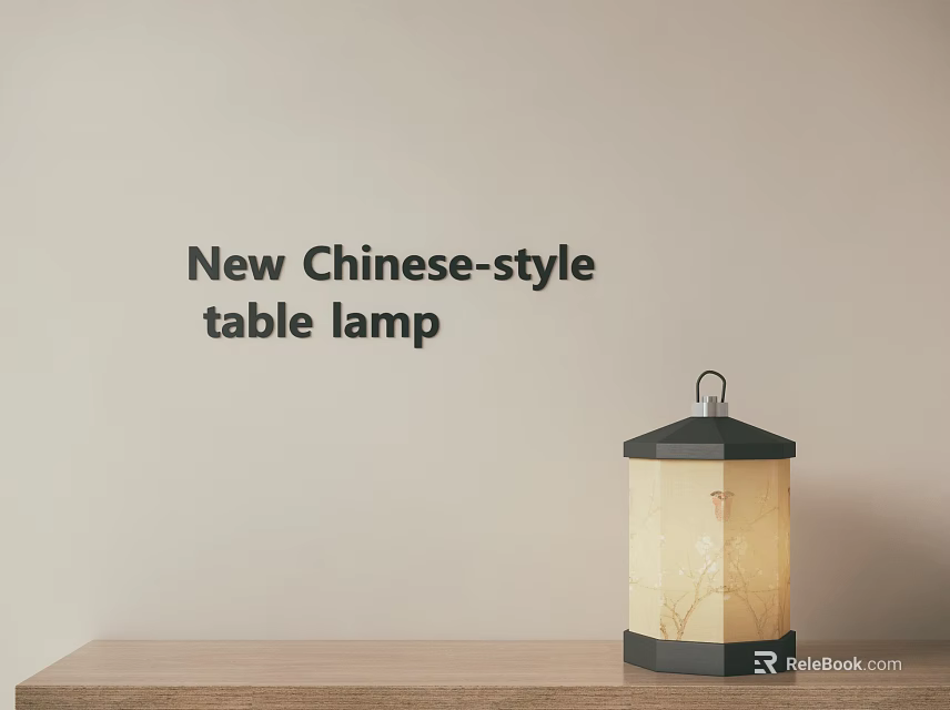 New Chinese Style Table Lamp with Lantern Shaped Design and Fabric Shade on Wooden Shelf 3d model 