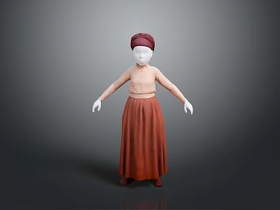 Red Headscarf Pink Blouse And Brown Long Skirt Fashion Outfit For Mannequin 3d model