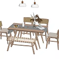 Wooden Dining Table Set With Wicker Chairs Bench And Decorative Plants 3d model