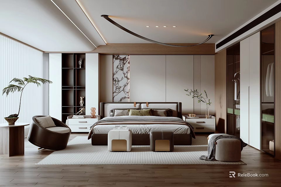 Modern Bedroom Interior Design With Bed Nightstands Wooden Floor And Potted Plants 3d model 