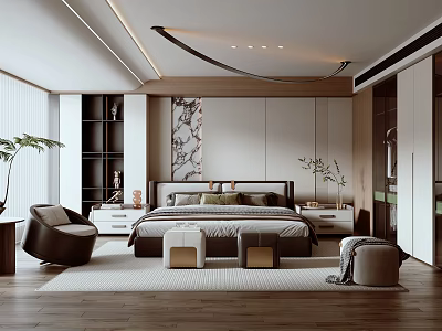 Modern Bedroom Interior Design With Bed Nightstands Wooden Floor And Potted Plants 3d model