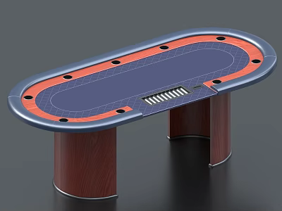 Oval Poker Table With Blue Felt Top Red Trim And Wooden Legs 3d model