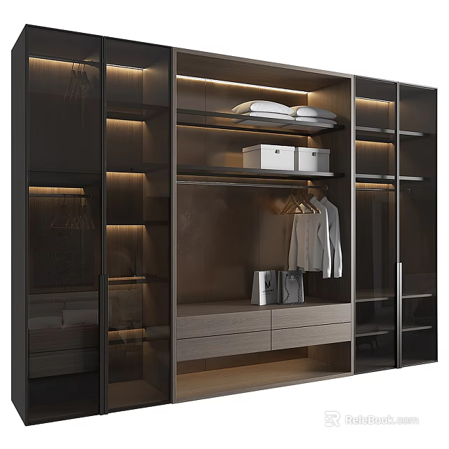 Modern Wardrobe Design With Glass Doors LED Lighting Internal Shelves Storage Boxes And Drawers 3d model 