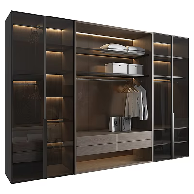 Modern Wardrobe Design With Glass Doors LED Lighting Internal Shelves Storage Boxes And Drawers 3d model