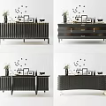 Modern Black TV Stand With Textured Design And Decorative Vases Frames 3d model